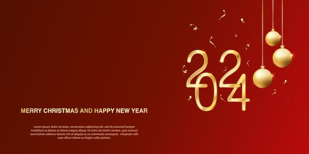 새해 복 많이 받으세요 2024 황금 숫자와 빨간색 배경에 크리스마스 장식