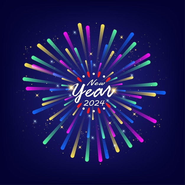 Happy New Year 2024 greeting card with colorful fireworks on dark blue background