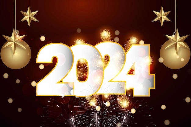 Vector happy new year 2024 greeting with dark bokeh background