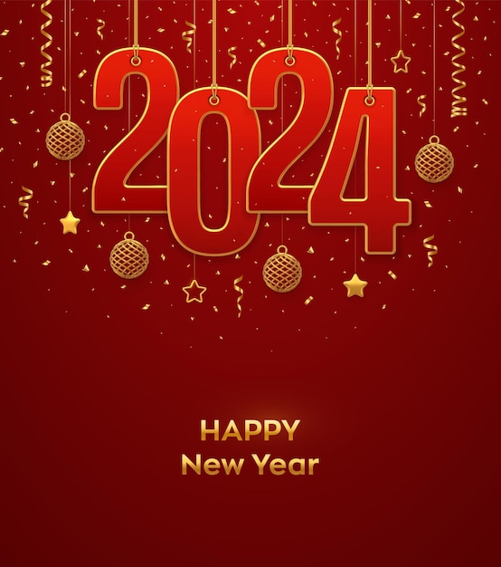 Vector happy new year 2024 hanging on gold ropes numbers 2024 stars balls confetti on red background