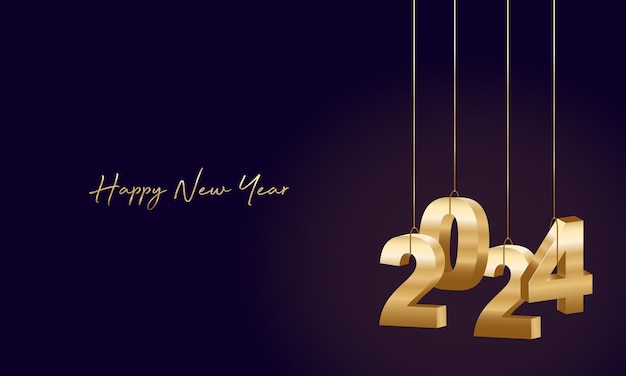 Happy New Year 2024 Hanging golden 3D numbers with black background