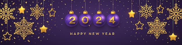 С Новым 2024 годом. Висящие фиолетовые рождественские шары с реалистичными золотыми трехмерными цифрами. 2024. Золотые снежинки и металлические звезды на красном фоне. Заголовок праздничного баннера. Векторные иллюстрации