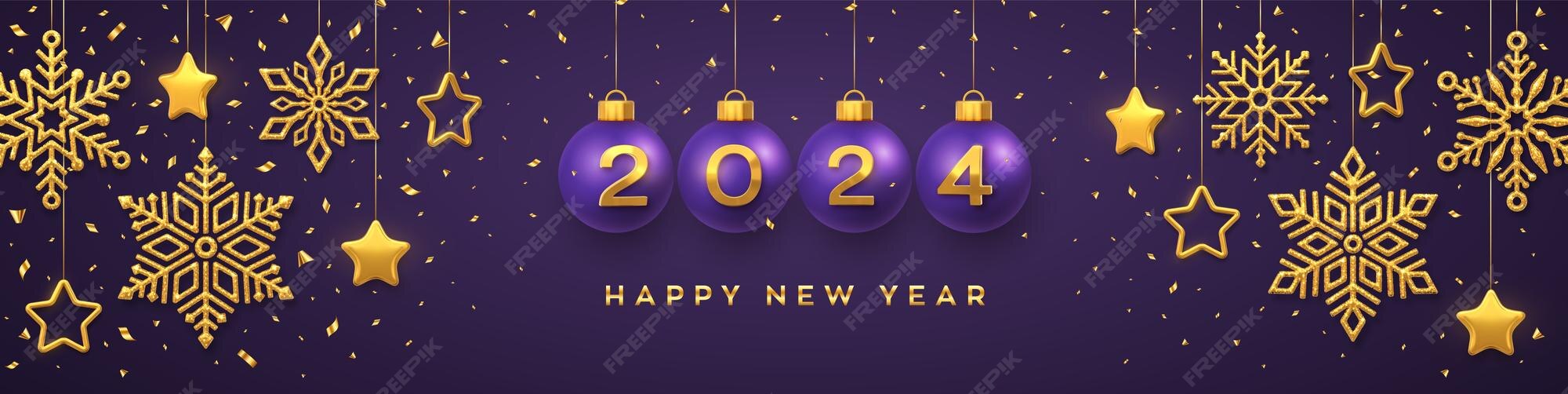 Premium Vector Happy new year 2024 hanging purple christmas bauble