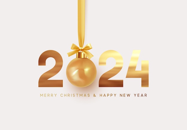 Happy New Year 2024. Hanging Realistic bauble ball on gold ribbon with bow. Golden numbers 2024. Holiday gift card. Xmas bauble hanging. New Year Greeting Background. Vector illustration