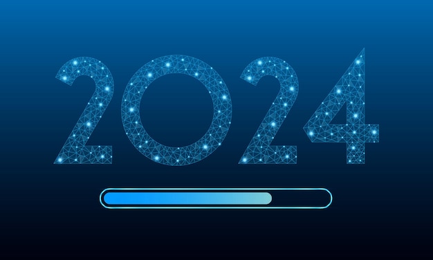 新年あけましておめでとうございます 2024年 未来的な輝く多角形スタイルの低ポリワイヤフレームのバナー用のホリデーコンセプト 多角形ワイヤフレームと深い青い背景の低ポリベクトルイラスト