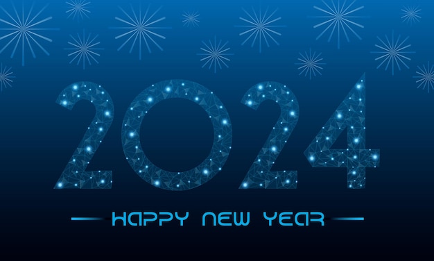 Happy new year 2024 holiday concept for banner with low poly wireframe with futuristic glowing polygonal style polygonal wireframe and low poly vector illustration on dark blue background