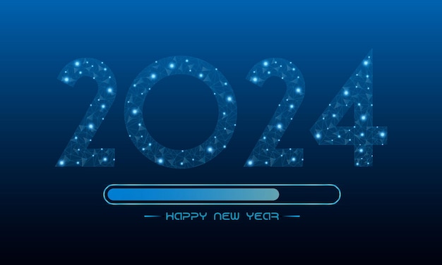 新年あけましておめでとうございます 2024年 未来的な輝く多角形スタイルの低ポリワイヤフレームのバナー用のホリデーコンセプト 多角形ワイヤフレームと深い青い背景の低ポリベクトルイラスト