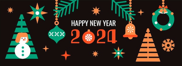 Happy New Year 2024 horizontal banner Trendy modern geometric design with Christmas balls and decoration in gold red green colors