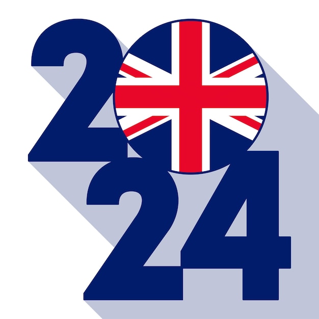 С Новым годом 2024 длинный теневой баннер с флагом Великобритании внутри векторной иллюстрации