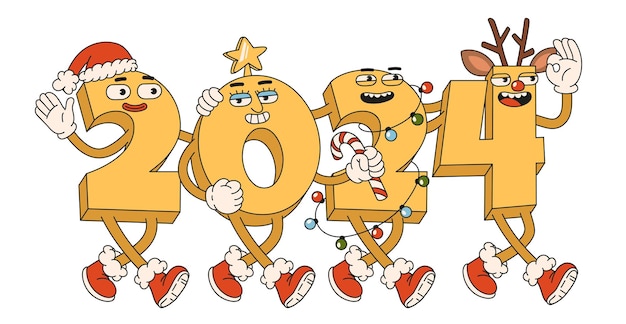 Happy New Year 2024 Numbers 2024 with Santa Claus hat reindeerdeer antlers star and garland