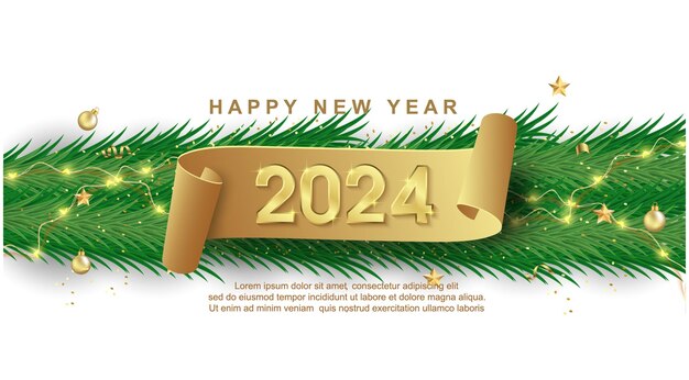 벡터 리본과 콘페티 배경으로 2024년 새해 축하합니다