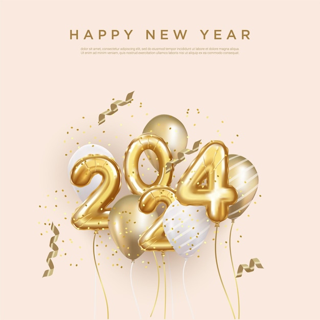 Happy new year 2024 realistic gold balloon numbers of 2024 on square background