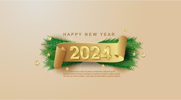 Vector happy new year 2024 on ribbons and confetti background