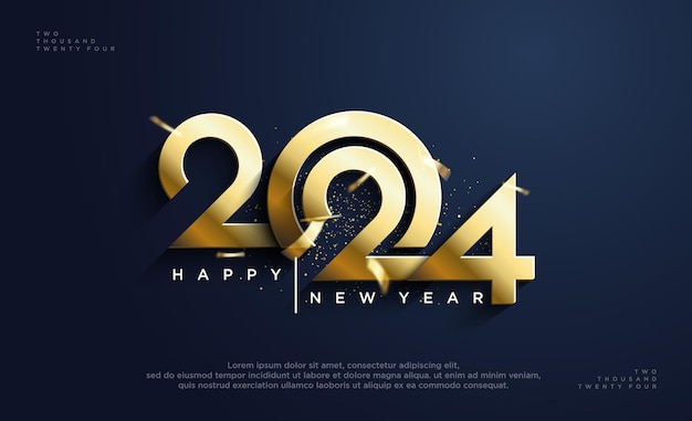 Happy New Year 2024 in a shiny gold color sprinkled with gold glitter on a blue background