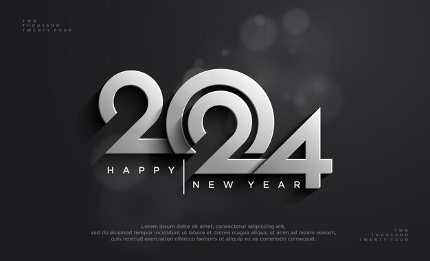 Vector happy new year 2024 in shiny metallic silver color on black background