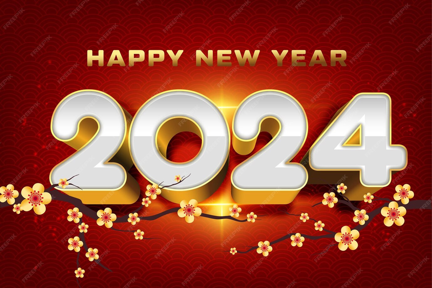 Premium Vector Happy New Year 2024 sparkling gold on a luxurious red