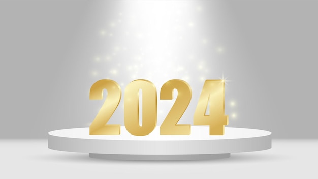 happy new year 2024 vector gold numbers on a white podium with illumination