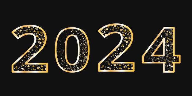 Happy New Year 2024 Vector with Gold Glitter on Black Background