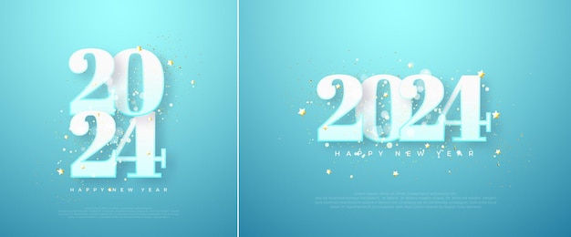 차가운 뉘앙스가 있는 새해 복 많이 받으세요 2024년 바다색 배경에 고전적인 흰색 숫자가 있는 포스터 달력 배너 및 인사말을 위한 프리미엄 벡터 디자인
