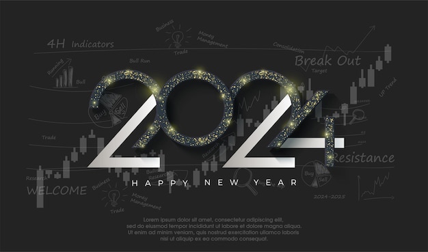 Happy new year 2024 with dark theme and stock market concept illustration of a candle stick up trend for financial markets