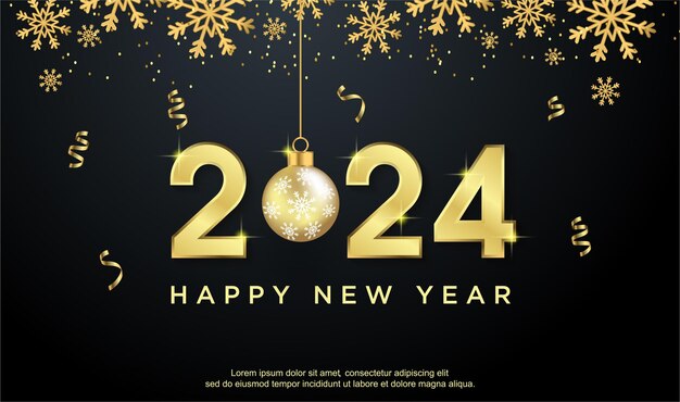 Vector happy new year 2024 with gold ball decoration on red background happy 2024 new year