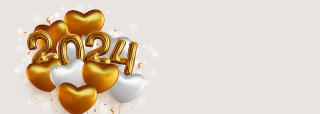 Happy New Year 2024 with realistic gold and white balloons
