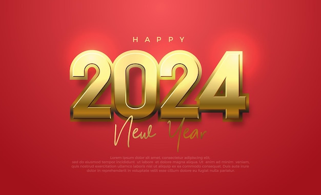 Felice anno nuovo 2024 con numeri in oro lucido sfondo vettoriale dal design elegante e di lusso design vettoriale premium per banner, poster, newsletter e altri scopi