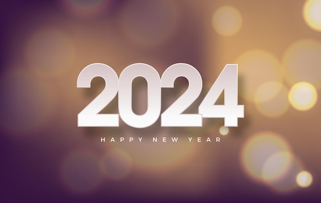 Happy new year 2024 with white numbers on bokeh background colorful background premium vector illustration for greeting and celebration of happy new year 2024