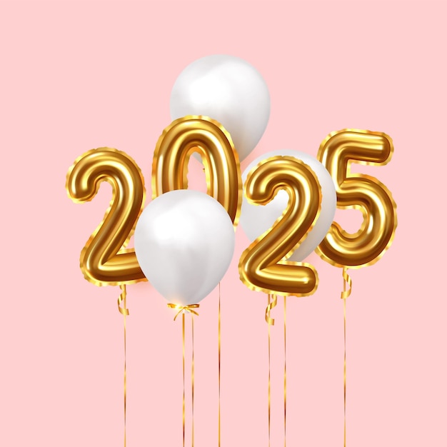 Happy New Year 2025. Background realistic golden balloons. Decorative design elements. Object render 3d ballon with ribbon. Celebrate party Poster, banner, greeting card. Festive Vector illustration.