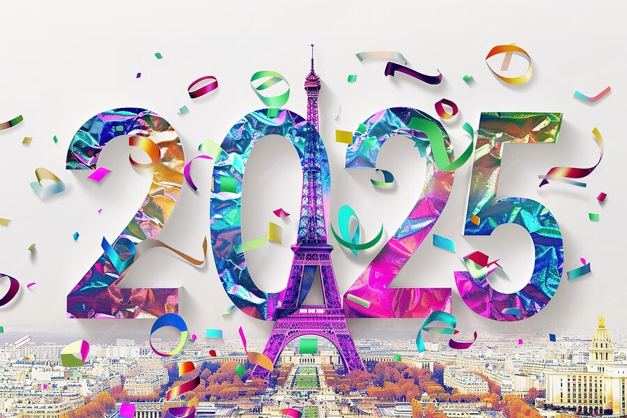 Happy New Year 2025 banner with France flag inside Vector illustration