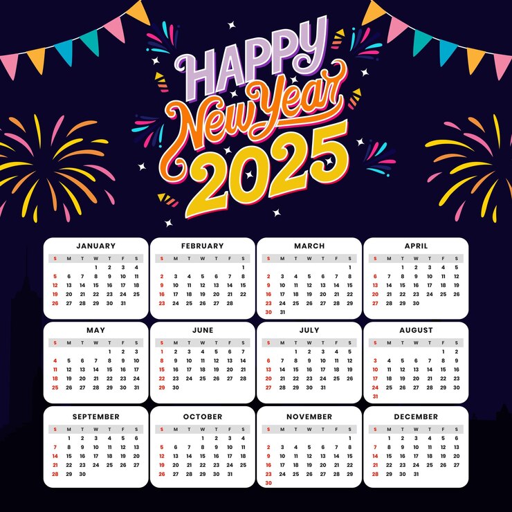 Vector happy new year 2025 calendar with fireworks and festive elements