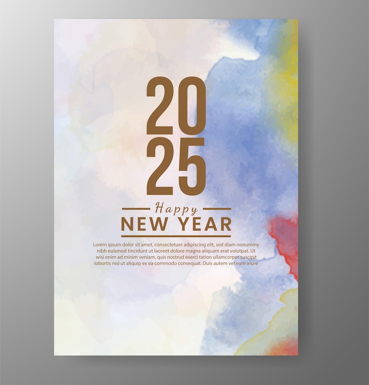 Vector happy new year 2025 card template with watercolor background