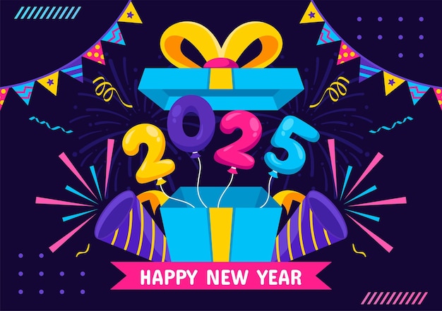 happy new year 2025 celebration vector illustration featuring trumpets fireworks ribbons and confetti for a festive national holiday in a background