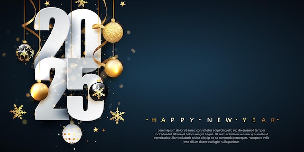 happy new year 2025 elegant text with golden balls and confetti background
