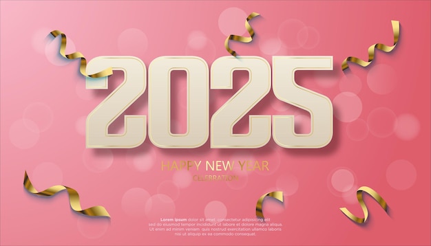 Happy New Year 2025 festive realistic decoration with pink color and gold confetti