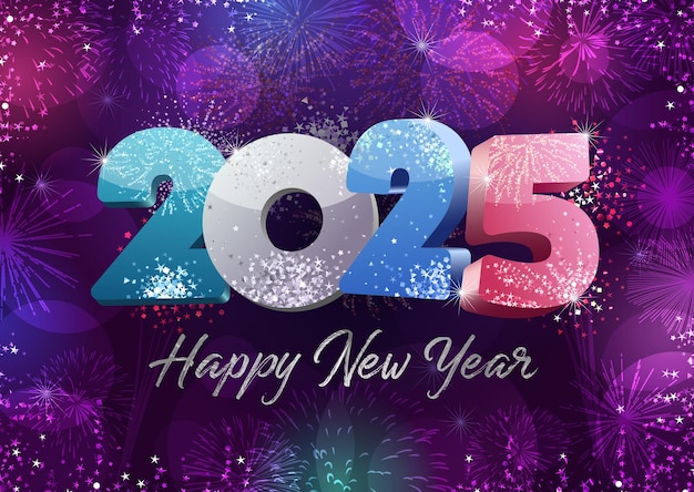 Happy New Year 2025 greeting card concept Bright number and holiday background Shiny elements