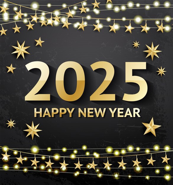 happy new year 2025 greeting card with neon garland and golden stars on black background with textured effect decoration with colorful twinkles