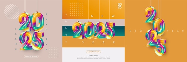 Vector happy new year 2025 square template with 3d hanging number