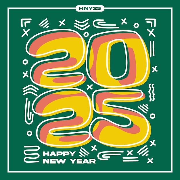 Vector happy new year 2025 square template with colorful number style on green background