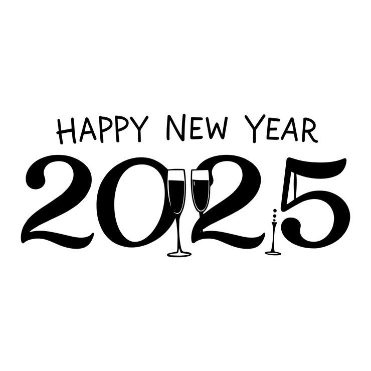 Vector happy new year 2025 typography with champagne glasses
