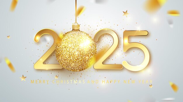 happy new year 2025 with hanging realistic gold ball holiday gift card