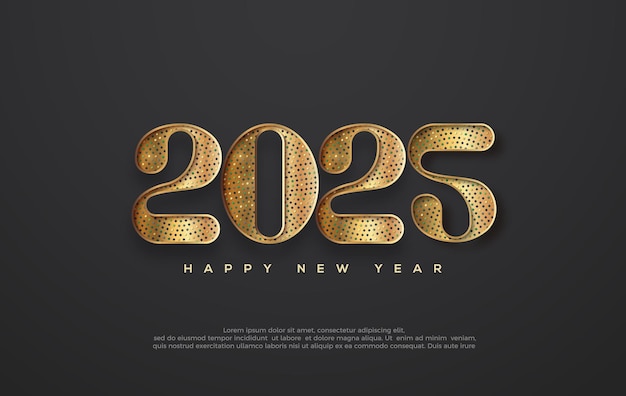 Buon anno 2025 con numeri luccicanti d'oro di lusso sullo sfondo nero design vettoriale premium per saluti e celebrazioni di buon anno 2025.