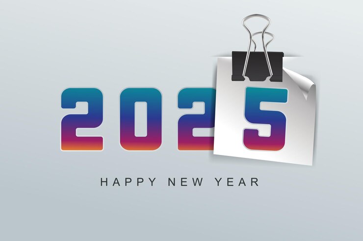 Vector happy new year 2025 with paper clip on gray background