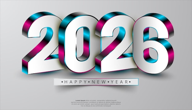 С Новым годом 2026 футуристическая концепция дизайна с 3D-цифрами, металлическим украшением и градиентными цветами