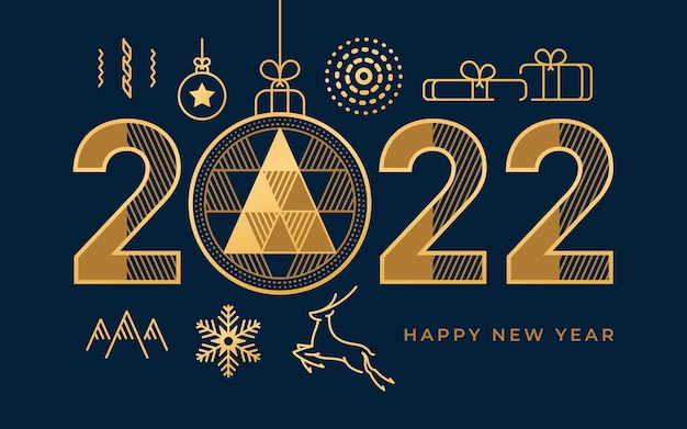 Happy new year abstract geometry with golden calligraphy and flat line icons vector christmas