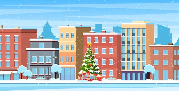 새해 복 많이 받으세요 그리고 메리 크리스마스 겨울 마을 거리. 크리스마스 타운 도시 파노라마입니다. 도시 건물 주택 겨울 거리 풍경 배경입니다. 평면 스타일의 벡터 일러스트 레이 션