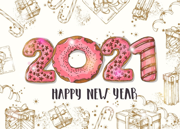 Happy New Year background. Hand drawn colorful glazed pink dessert