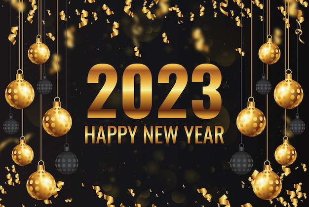 Vector happy new year background for holiday greeting card with christmas ball confetti on black background