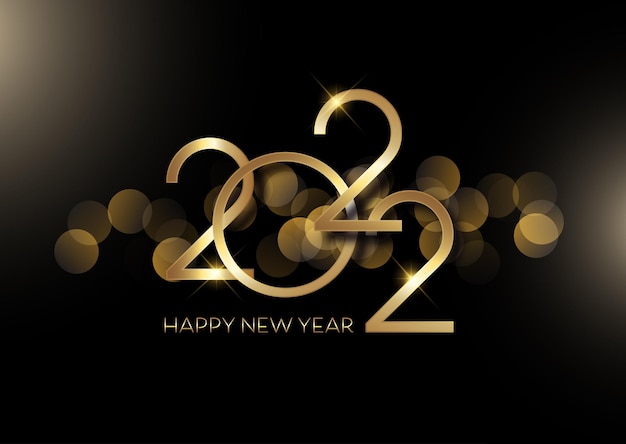 Sfondo di felice anno nuovo con luci bokeh e scritte in oro