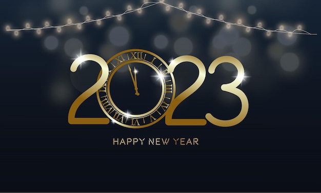 Vettore felice anno nuovo sfondo con l'illustrazione dell'orologio sui numeri 2023